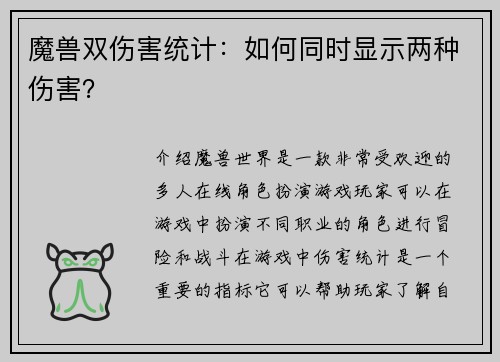 魔兽双伤害统计：如何同时显示两种伤害？