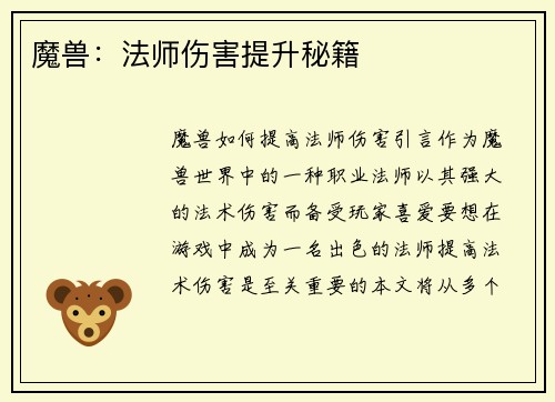 魔兽：法师伤害提升秘籍